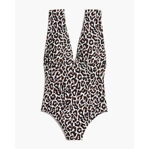 J Crew Leopard Print One Piece Swimsuit Sz XL Plunge V Neck Wide Strap Beach NWT